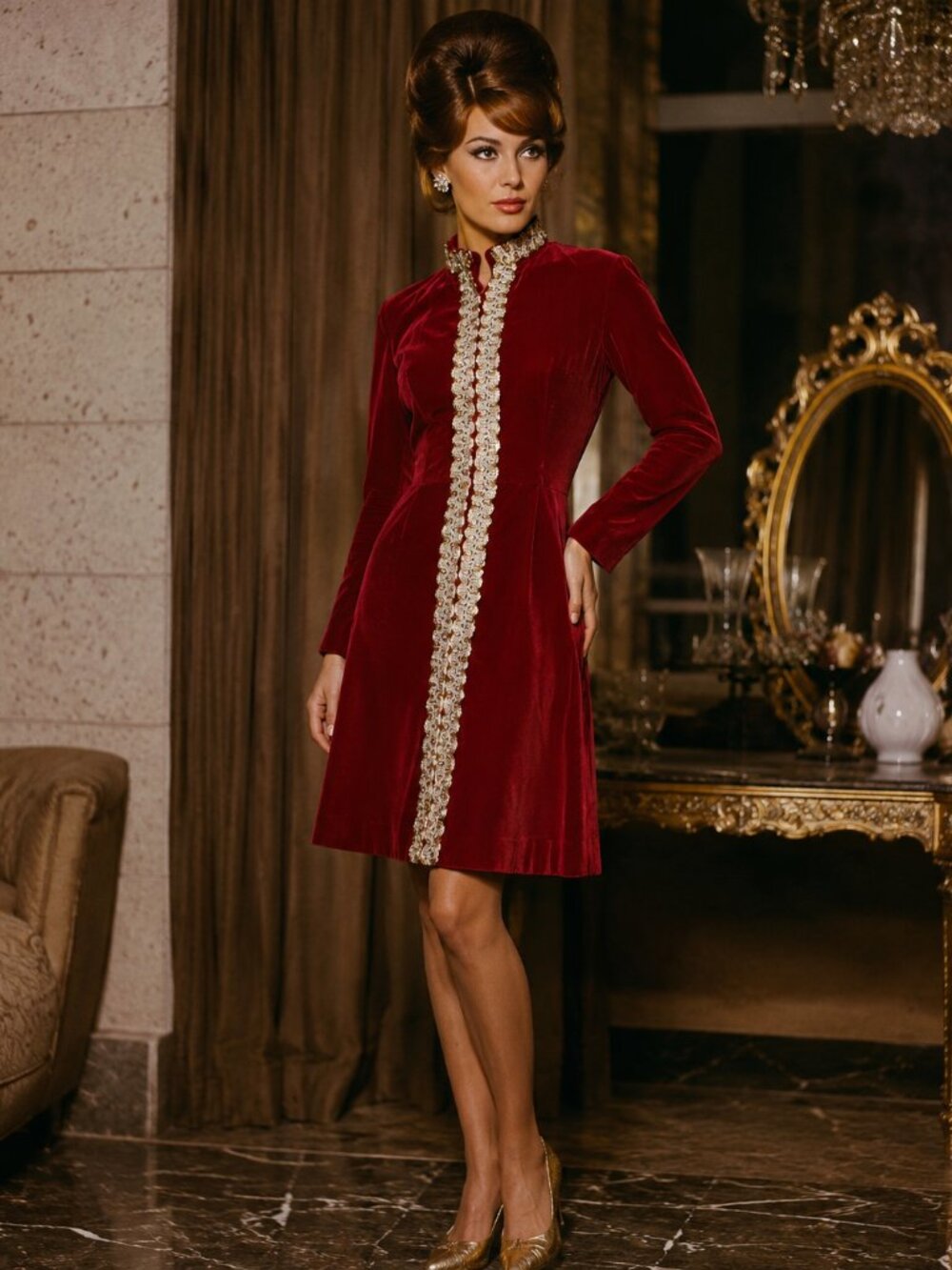 Vintage 1960s Ruby Red Velvet Sequin Trim Mini Dress